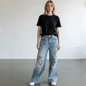 Light Wash Super Distressed Wide Leg Skater Jeans | Raw Hem Baggy Fit